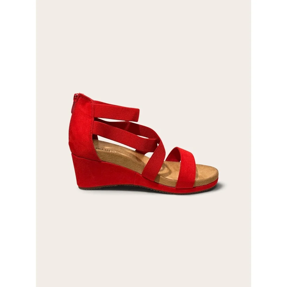 Dream Pairs NINI-3 Womens Red Elastic Multi Strap Wedge Sandals Size 8.5 NEW